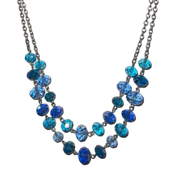 Cobalt & Sky Blue Crystals Double Strand Layer Beaded Women’s Necklace - Picture 2 of 9